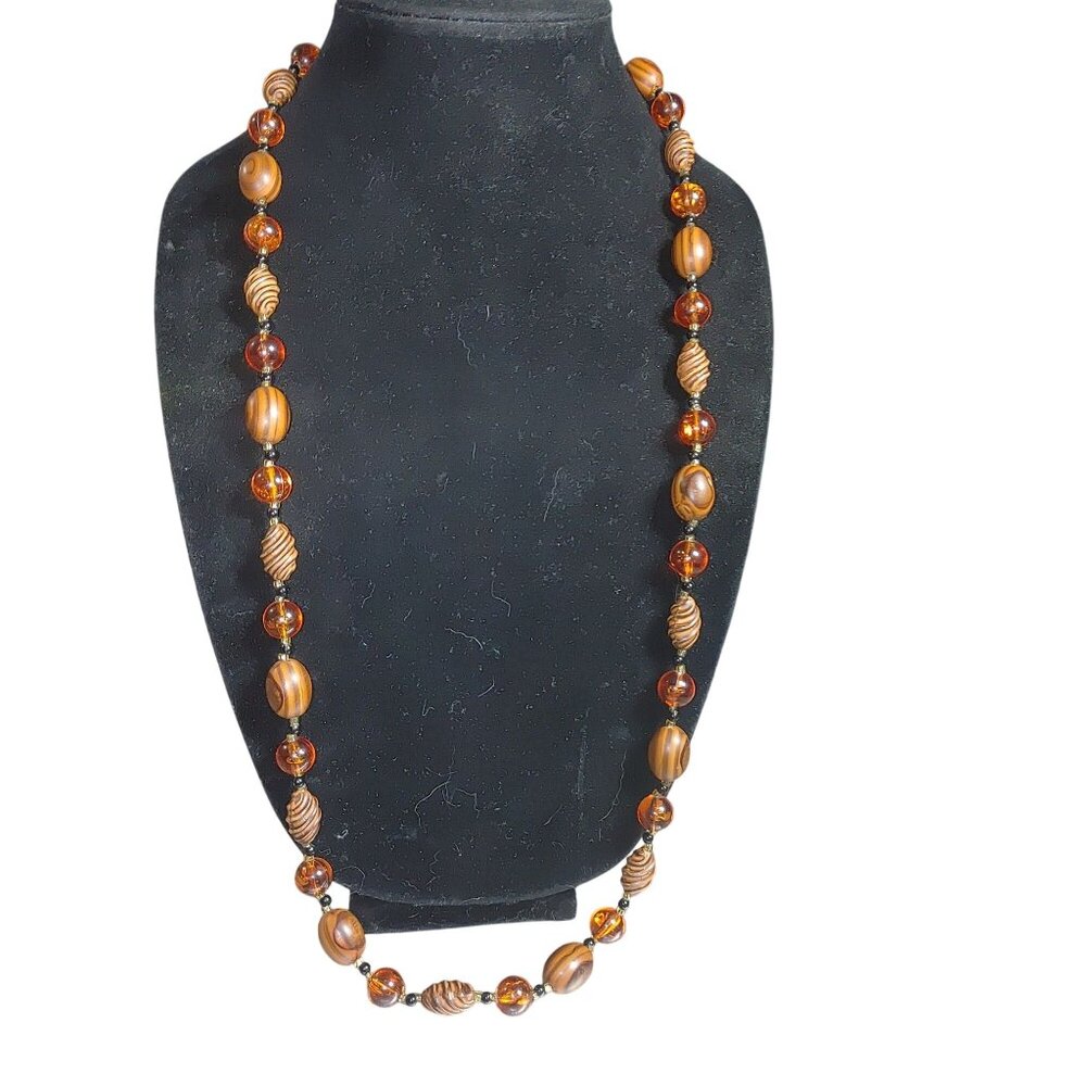 Carved Beaded Necklace Hong Kong Vintage Amber Brown Wood Box Gold Tone Clasp